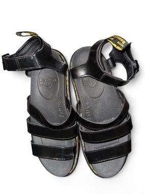Dr. Martens Black Leather Strappy Sandals with Yellow Pull Tab